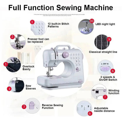 Full function sewing machine features: 12 built-in stitch patterns, LED light, 2 speeds, reverse sewing, overlock, winding function