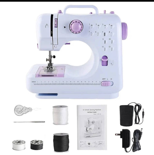 YASM-505A mini sewing machine with included accessories: foot pedal, adapter, thread spools, bobbins, needle threader and manual