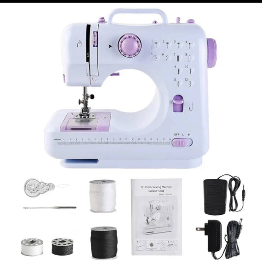 YASM-505A mini sewing machine with included accessories: foot pedal, adapter, thread spools, bobbins, needle threader and manual